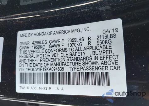 2019 Honda Accord Lx из США, поврежденный, VIN 1HGCV1F19KA094835